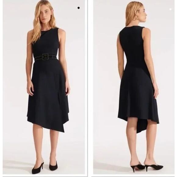 Veronica Beard Angelica Asymmetric Split Hem Sleeveless Midi Dress in Navy Blue